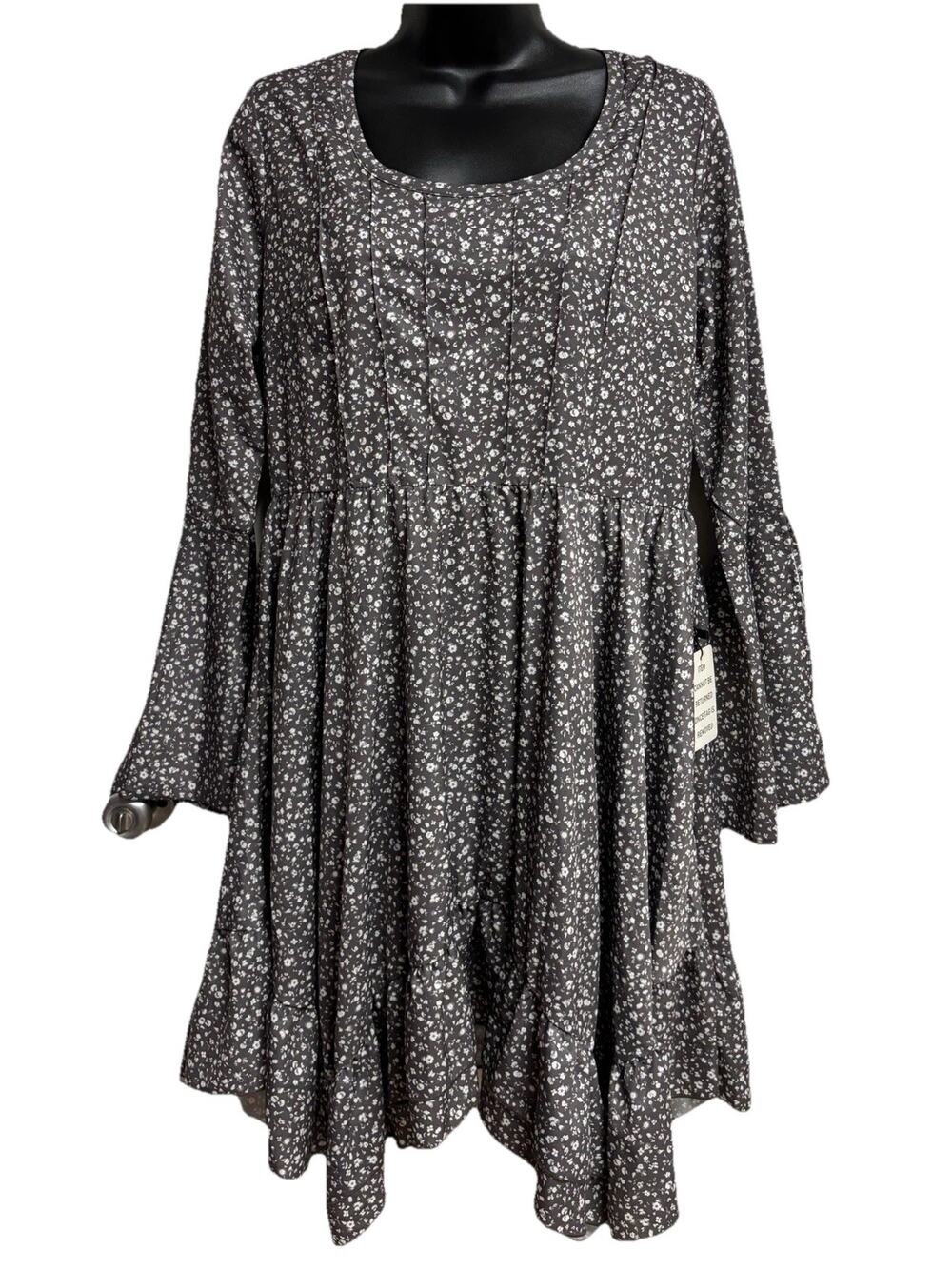 Mia Joy Womens Medium Floral Dress Gray Long Sleeve Empire Slit Sleeve Scoop New